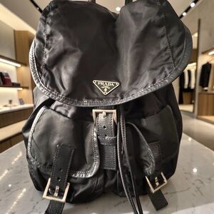 Prada Black Nylon Drawstring Backpack with Silver-Tone Hardware
